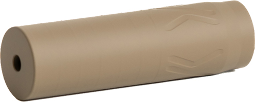 Tan suppressor for firearms on a white background.