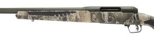 Camouflaged hunting rifle on a white background.