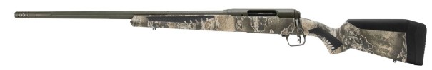 Camouflaged hunting rifle on a white background.