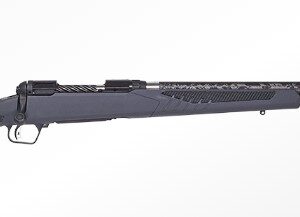 Side view of a sleek gray rifle.