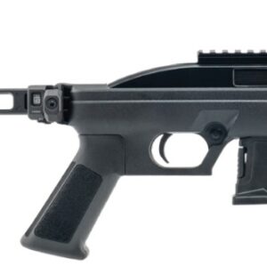 Side view of a black firearm with adjustable stock.