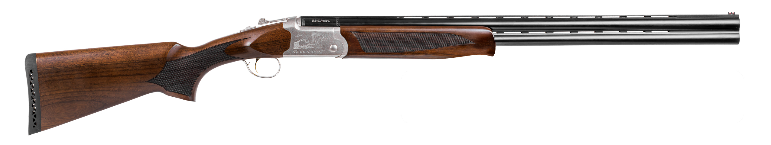 Side view of a wooden shotgun with blued barrels.