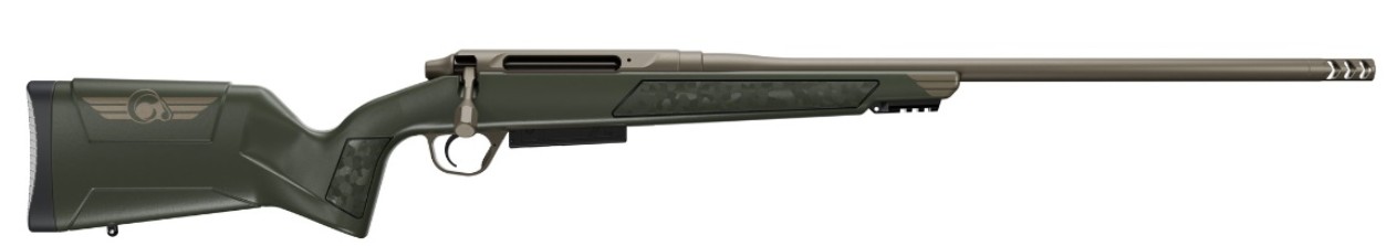 Side view of a green hunting rifle.