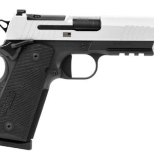 Side view of a black and white handgun.