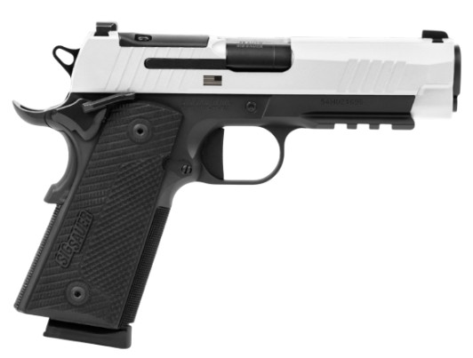 Side view of a black and white handgun.