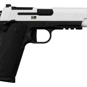 White and black semi-automatic pistol on display.