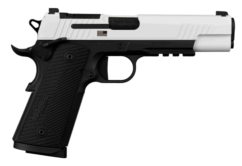 White and black semi-automatic pistol on display.