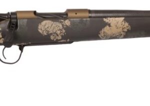 Camouflaged hunting rifle displayed at an angle