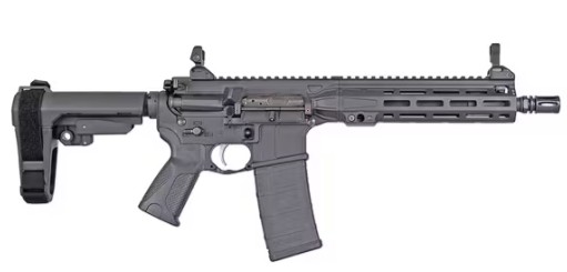 Black semi-automatic rifle displayed on white background.