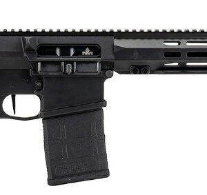 Black semi-automatic rifle with tactical design.