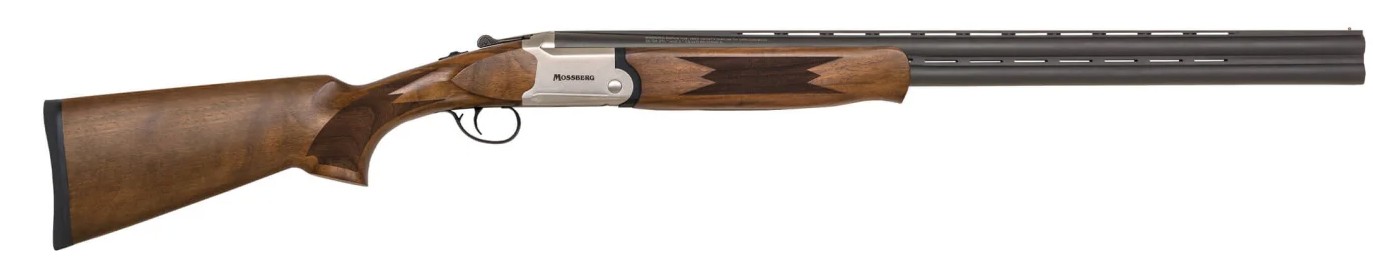 Mossberg shotgun with wooden stock and dual barrels