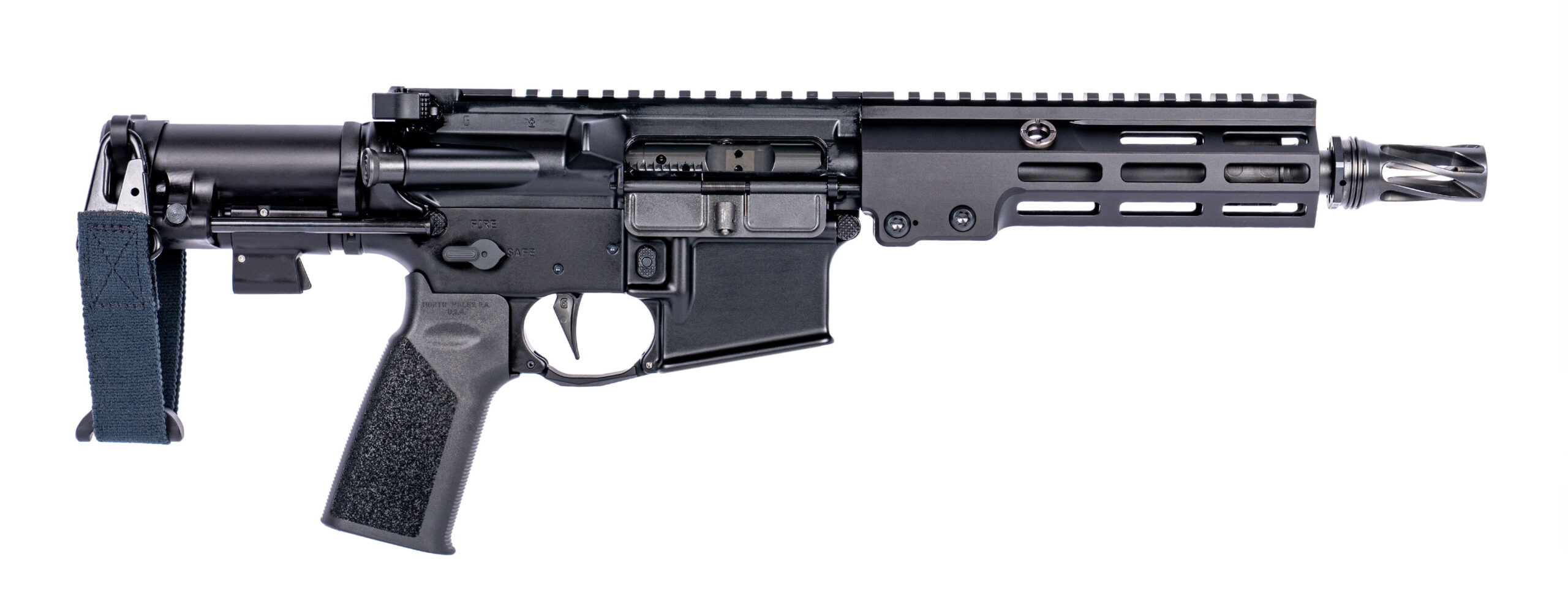 Modern firearm with tactical design and features.