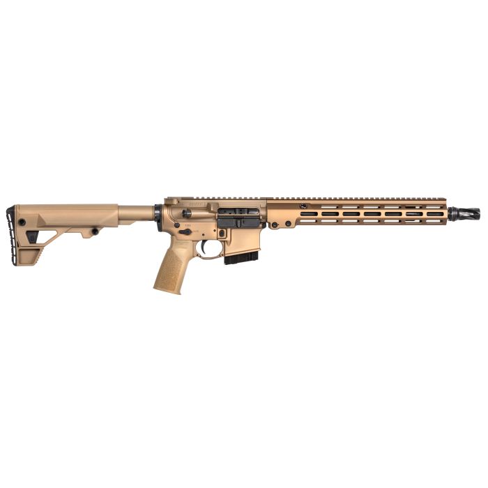 Tan firearm with rail system and adjustable stock