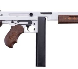 Side profile of a silver and wooden firearm.