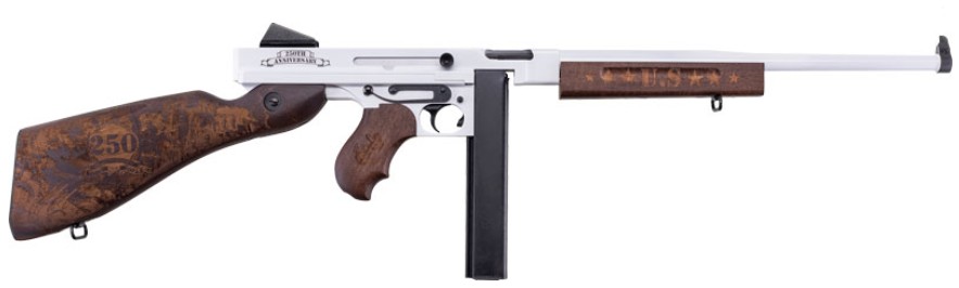 Side profile of a silver and wooden firearm.