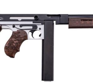 Side view of a vintage firearm with wood accents