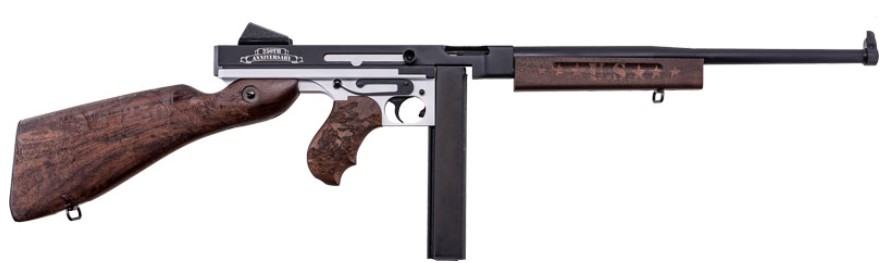 Side view of a vintage firearm with wood accents