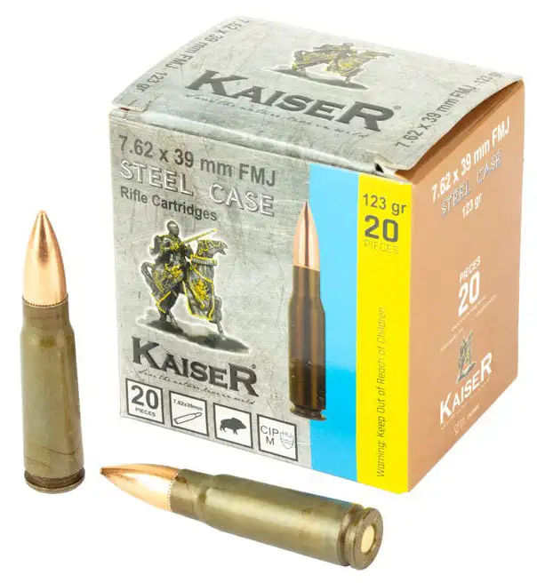 20-pack box of 7.62x39 mm rifle cartridges