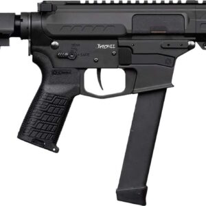 Black firearm with adjustable stock and magazine.