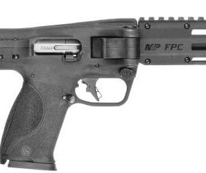 Side view of a modern firearm with stock.