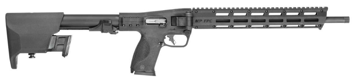 Side view of a modern firearm with stock.