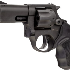 Black revolver on a white background.