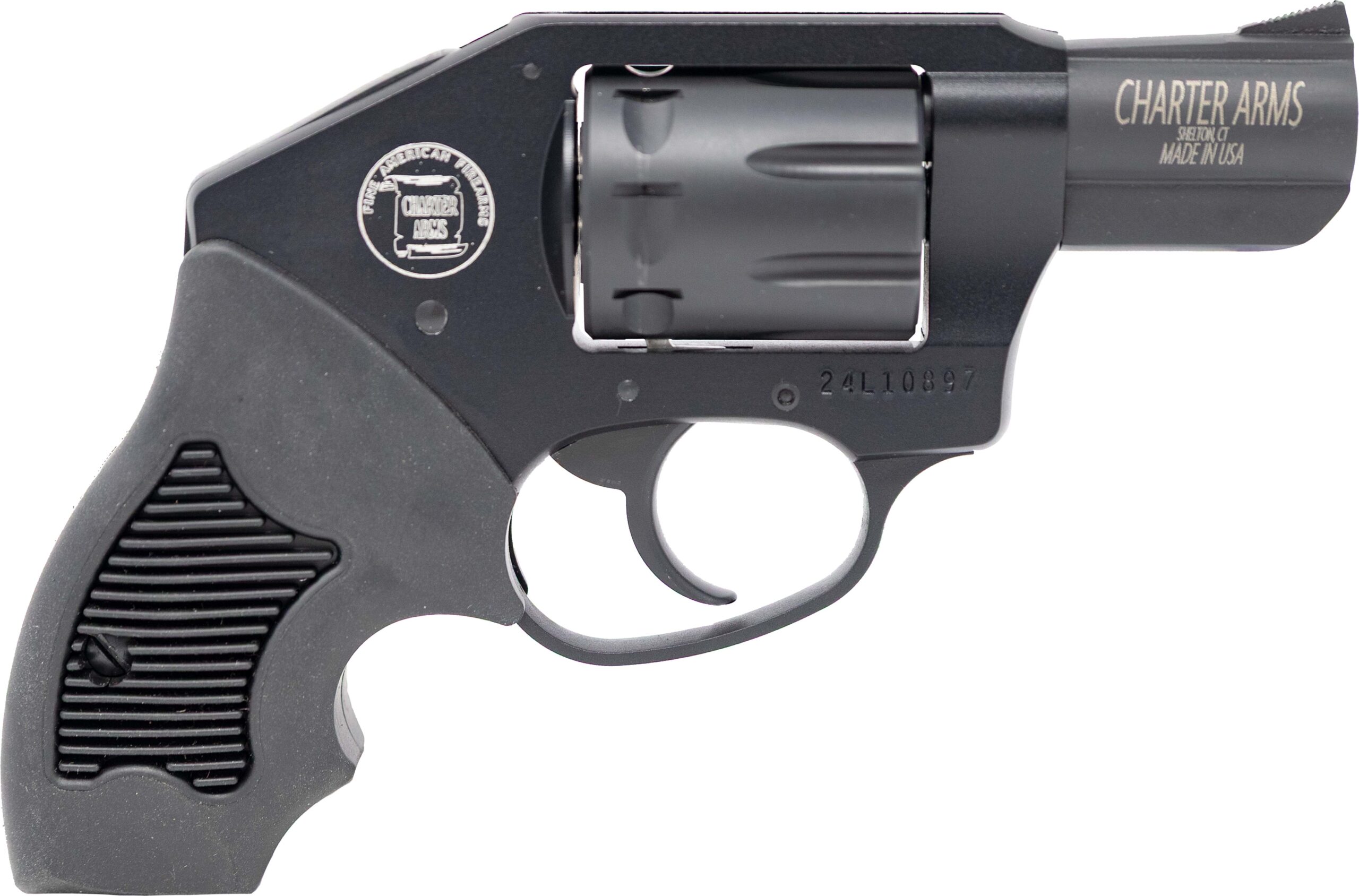 Compact revolver with textured grip and barrel.