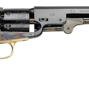 Side view of a vintage revolver with wood grip.