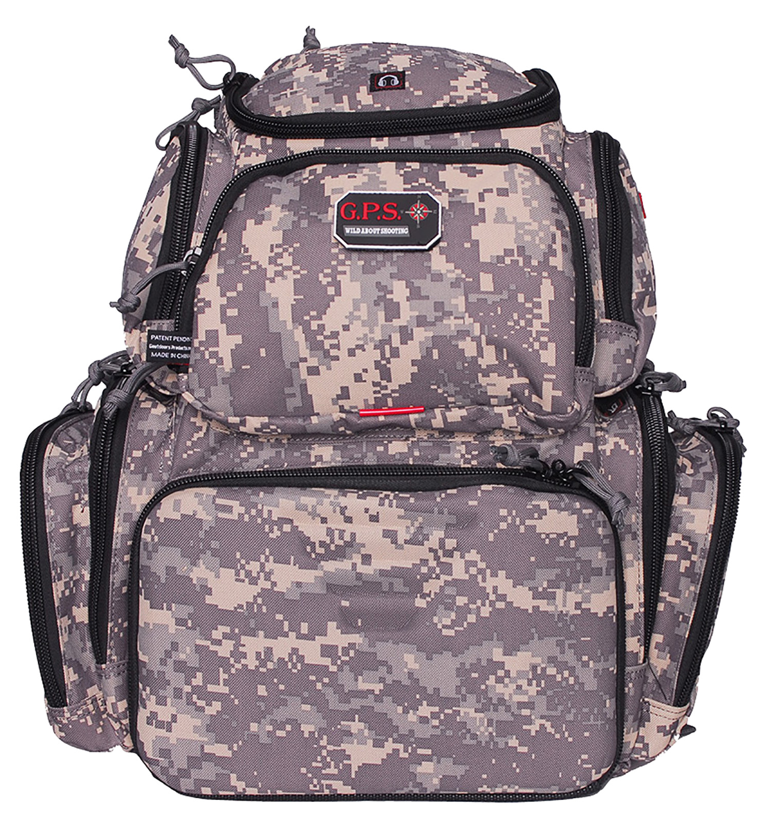 Camouflage backpack with multiple zippered compartments.