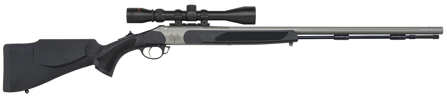 Side view of a hunting rifle with scope.