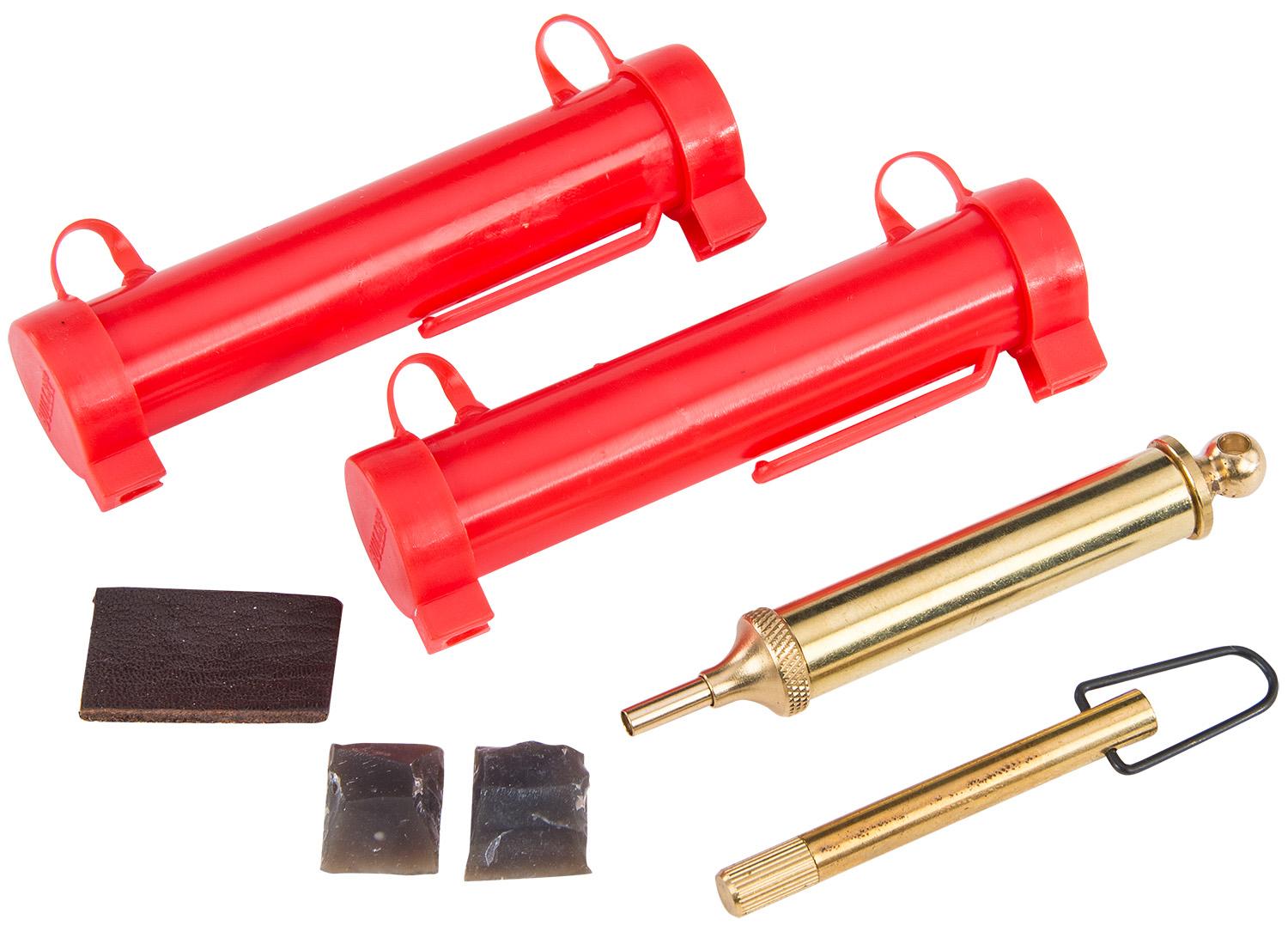 Red and gold fire safety tools and components.