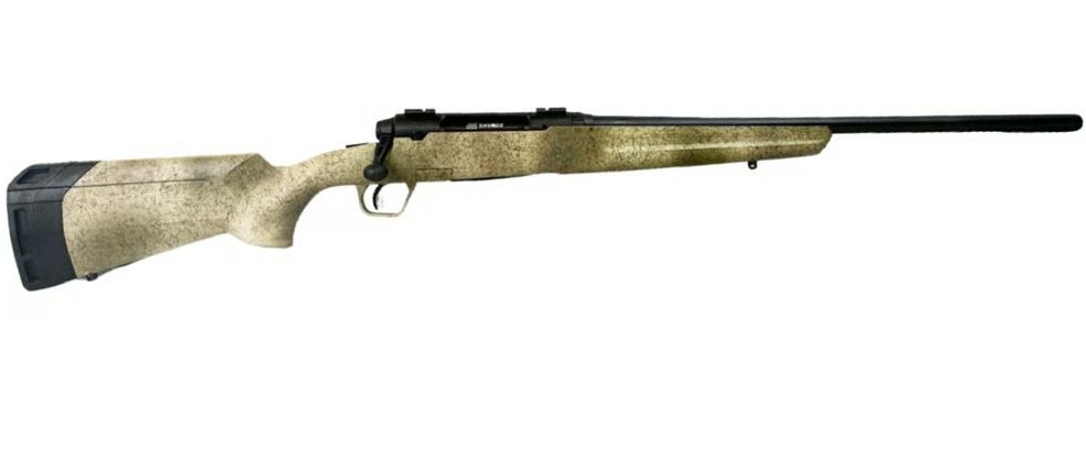 Camo-patterned rifle against a white background.