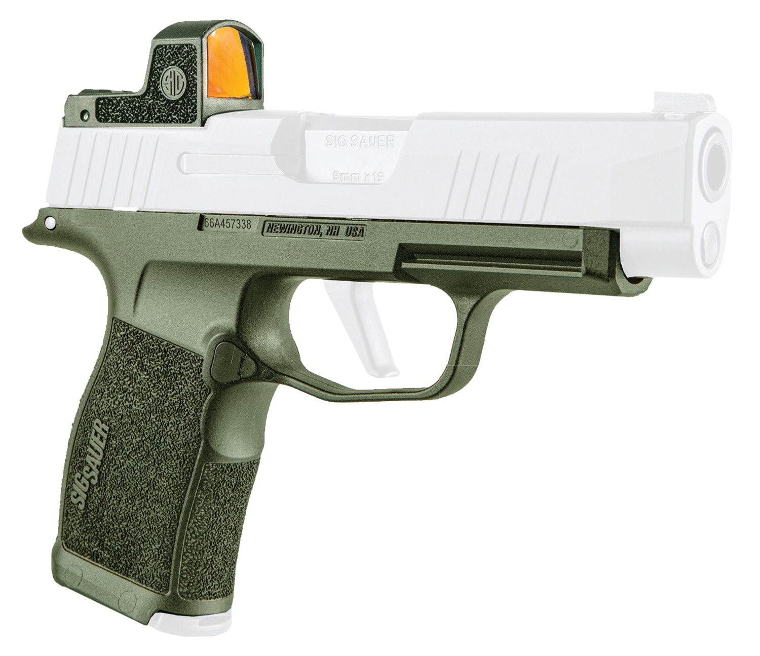 SIG Sauer pistol with green grip and sights