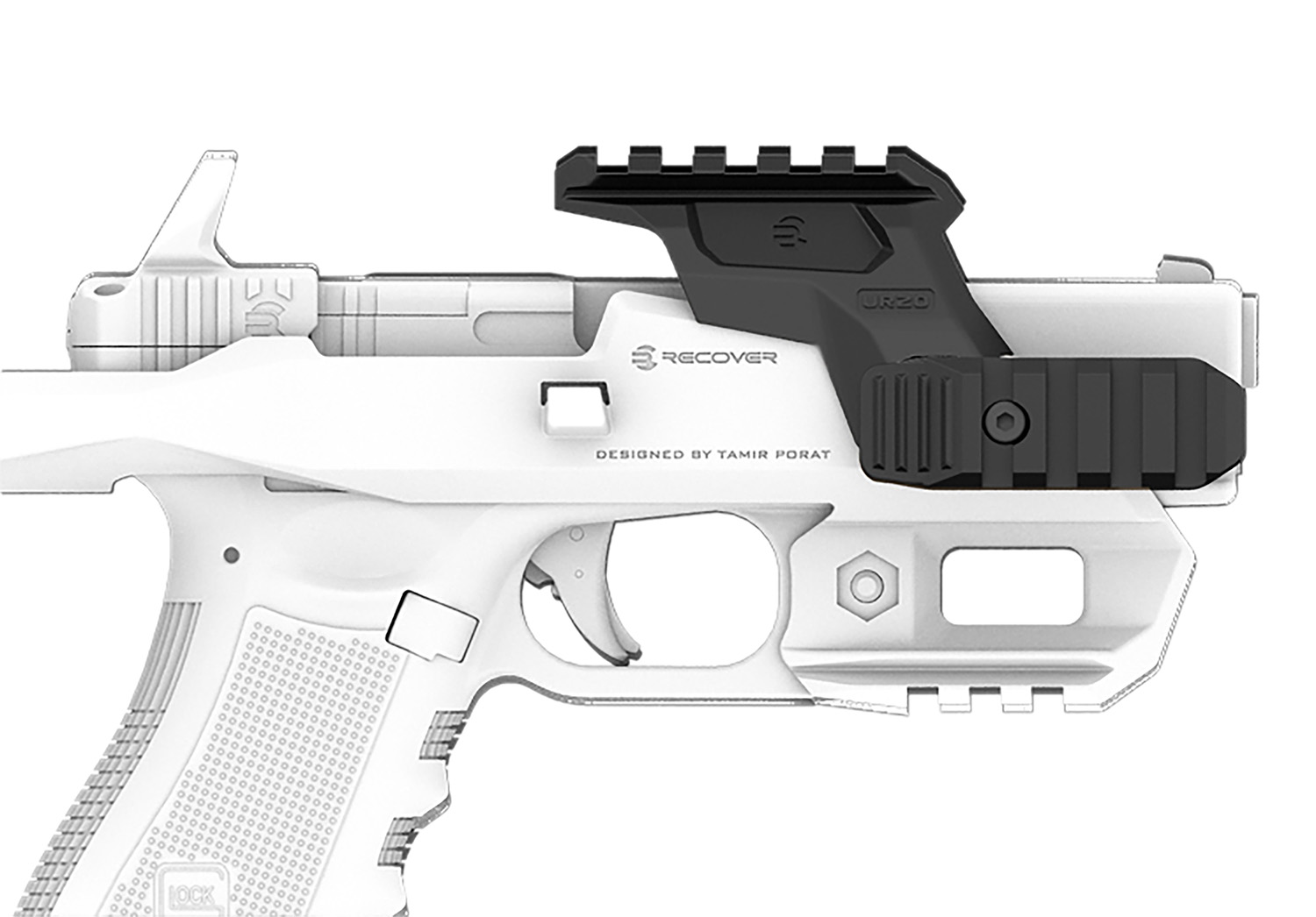 White firearm with a black accessory rail.