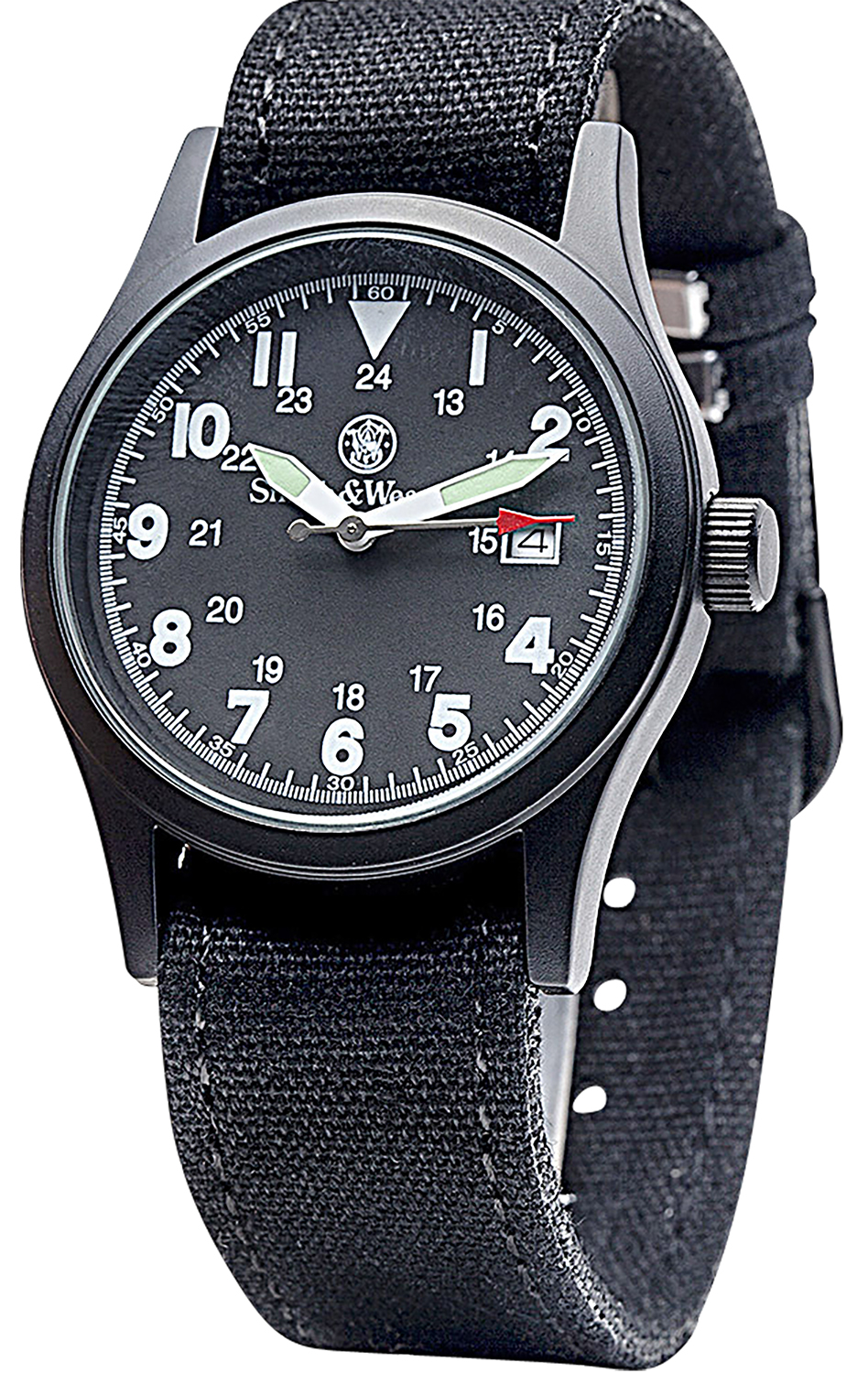 Black analog watch with canvas strap