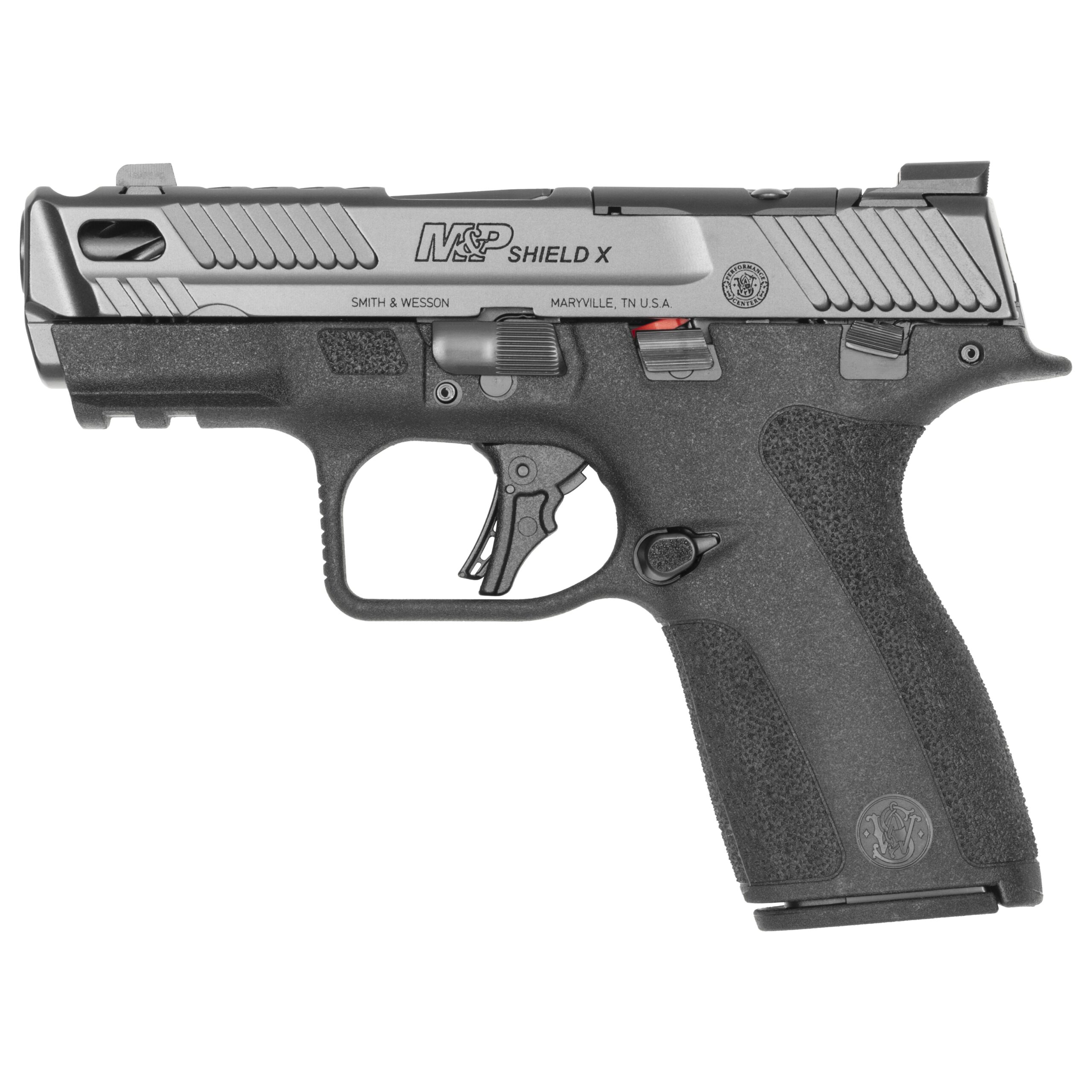 Smith & Wesson M&P Shield X handgun on white background.
