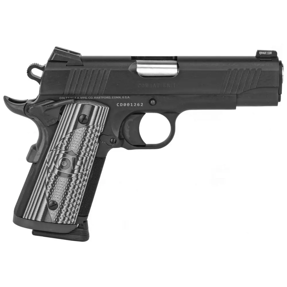 Black Colt handgun with textured grip.