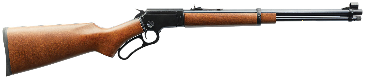 Side view of a wooden lever-action rifle.