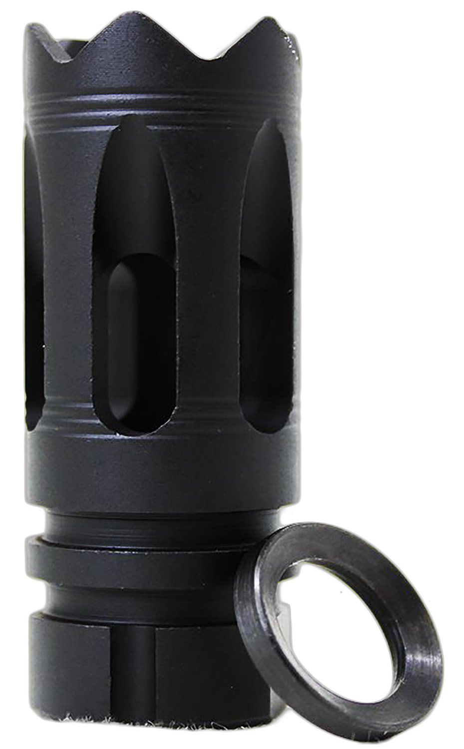 Black muzzle brake with threaded adapter ring.