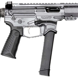 Black tactical firearm with adjustable stock.