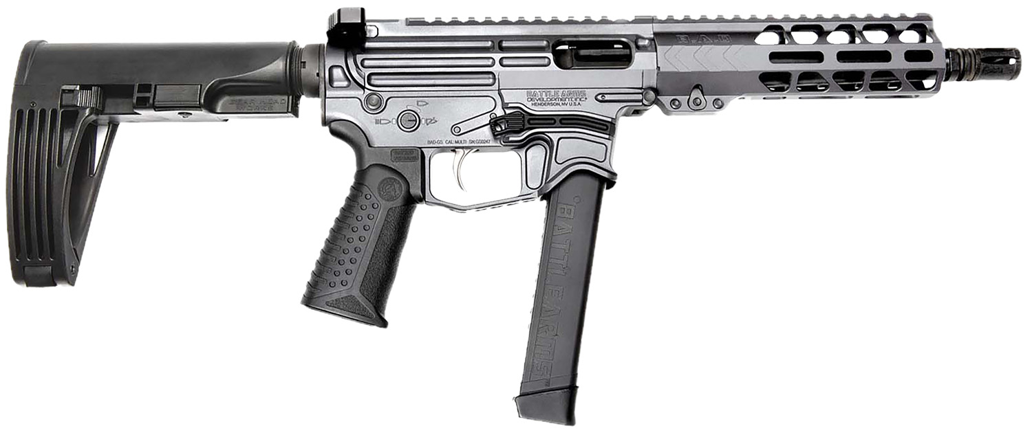 Black tactical firearm with adjustable stock.