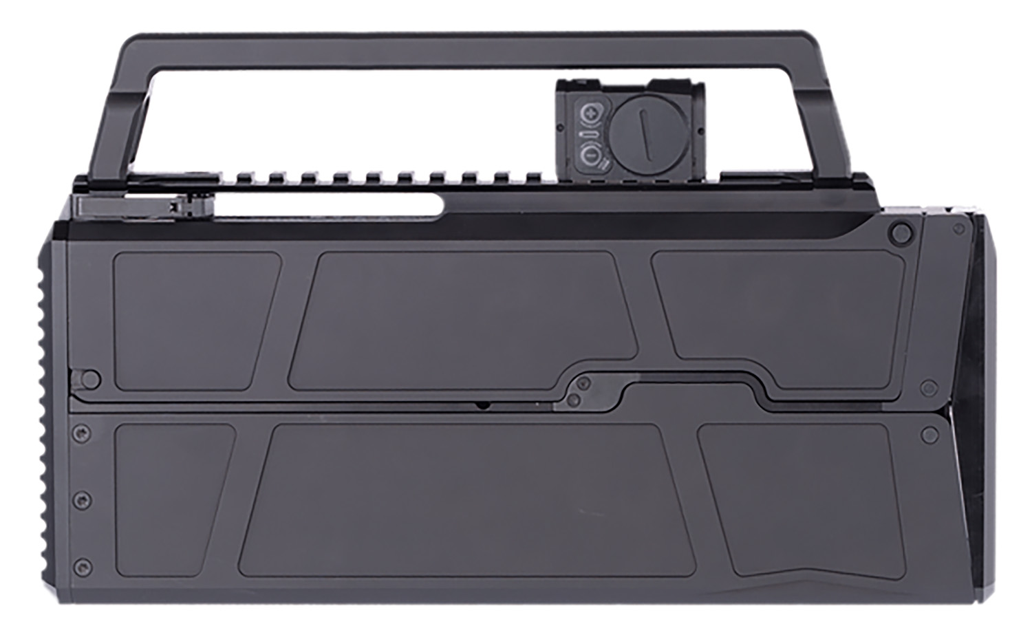 Compact black device with a carrying handle