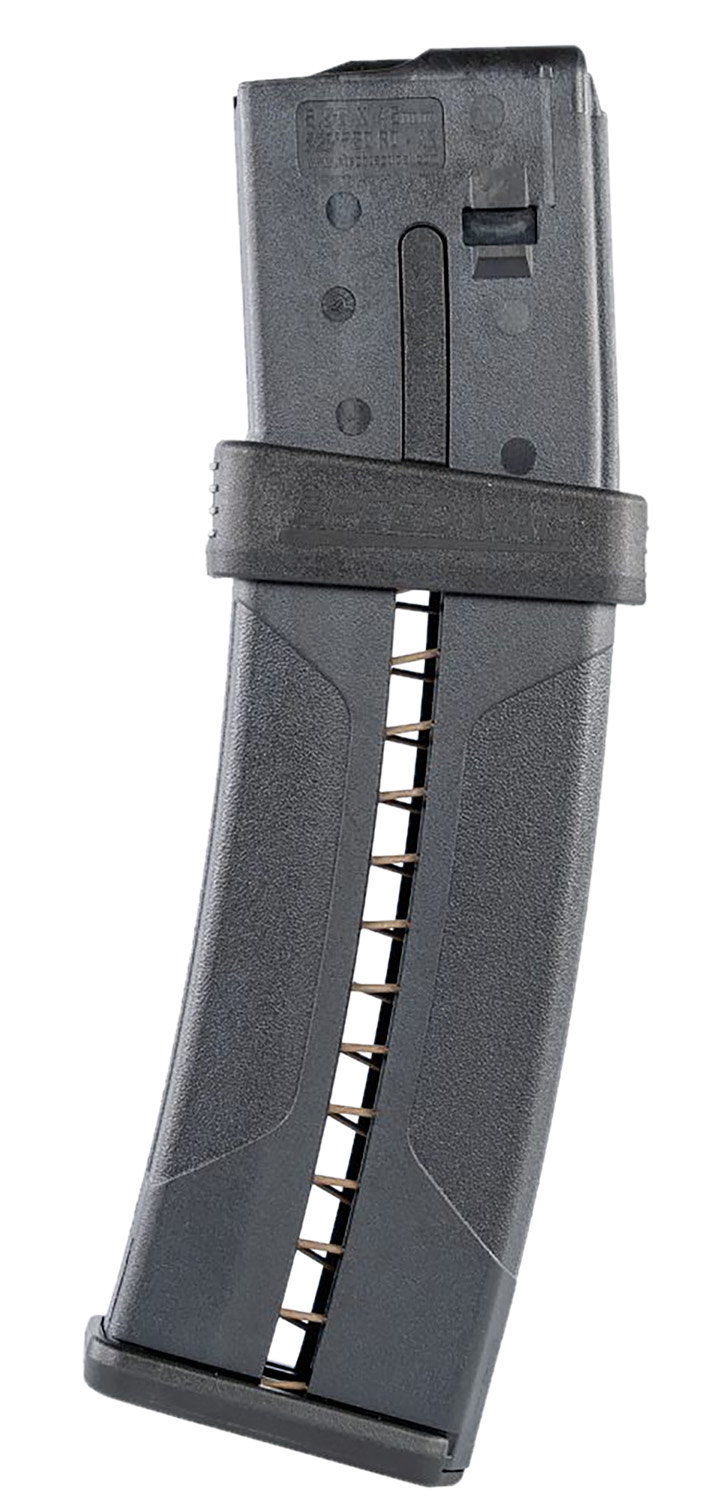 Black magazine for firearm, showing loading slots.