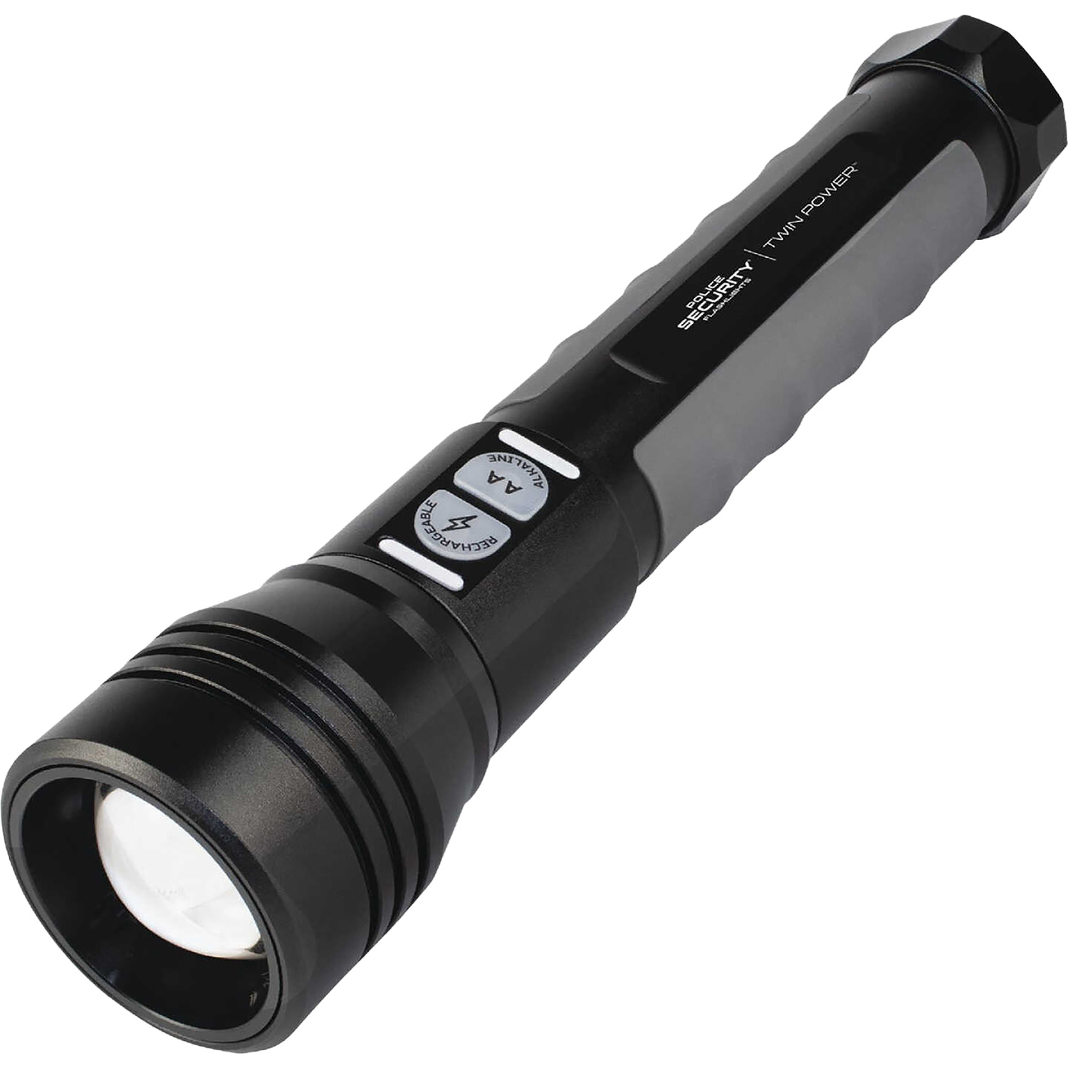 Black rechargeable flashlight with buttons and lens.