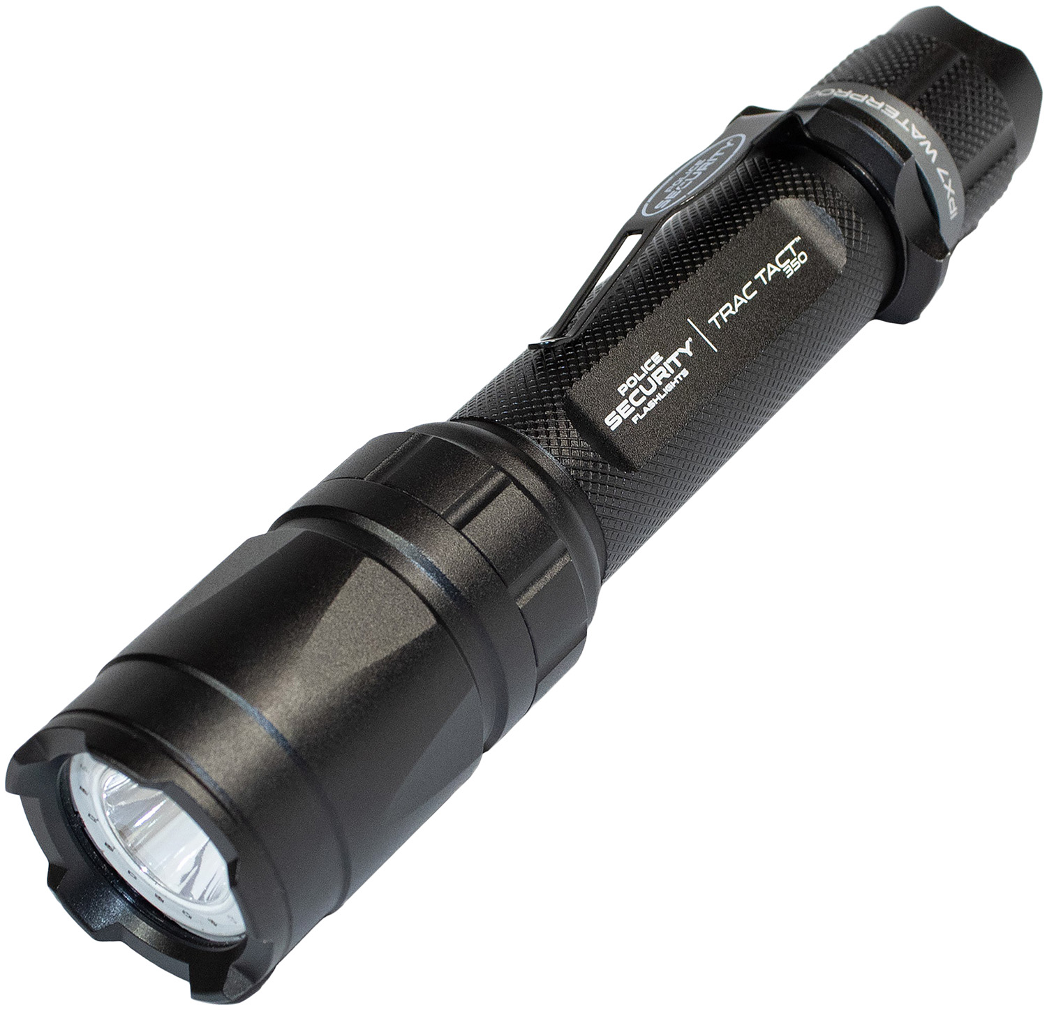 Black tactical flashlight with textured grip.