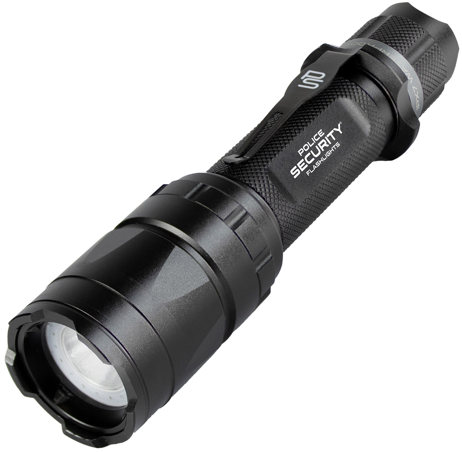Black police security flashlight with textured grip.