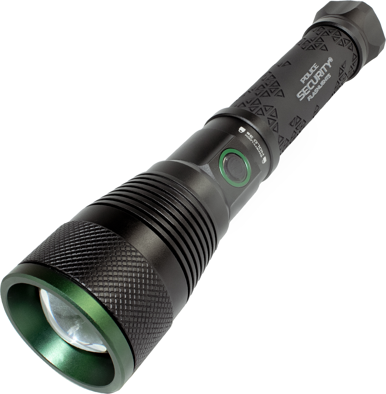 Durable handheld flashlight with green accent