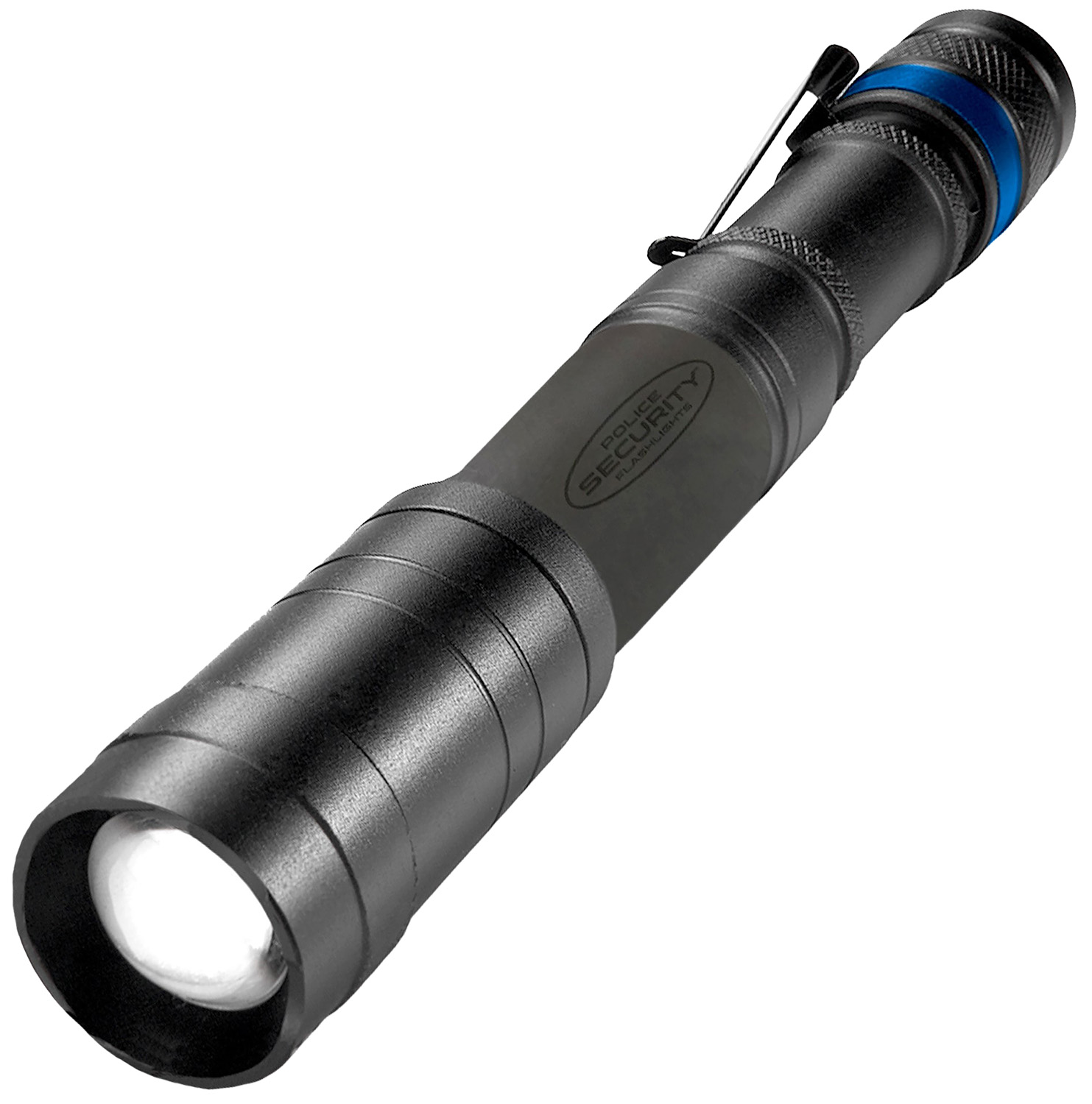 Compact black flashlight with clip and bright beam.