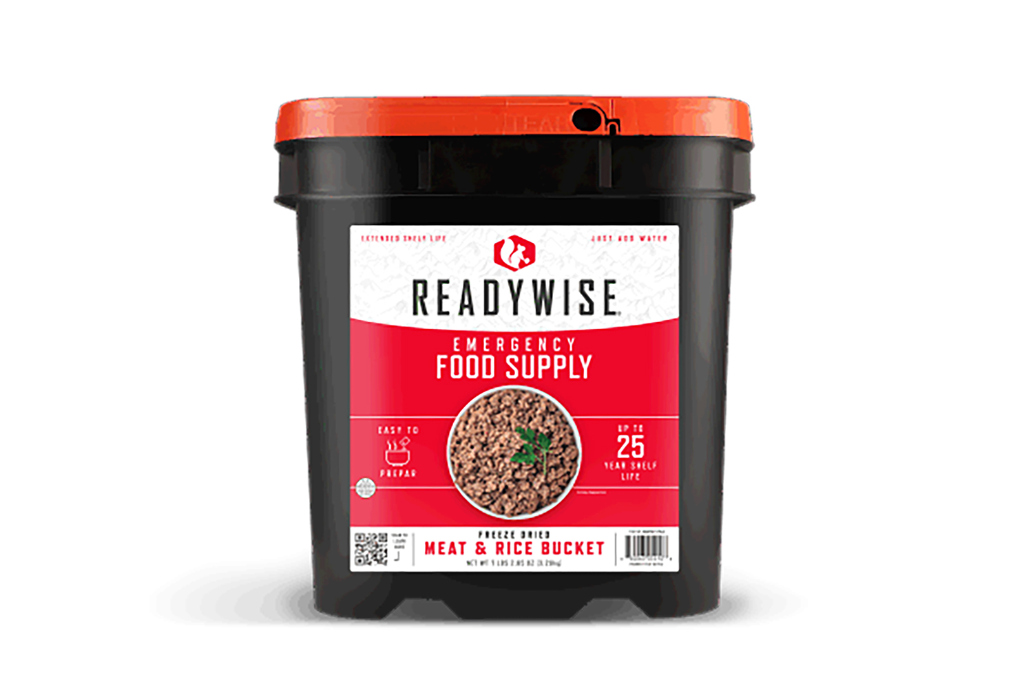 ReadyWise emergency food supply bucket with meat rice