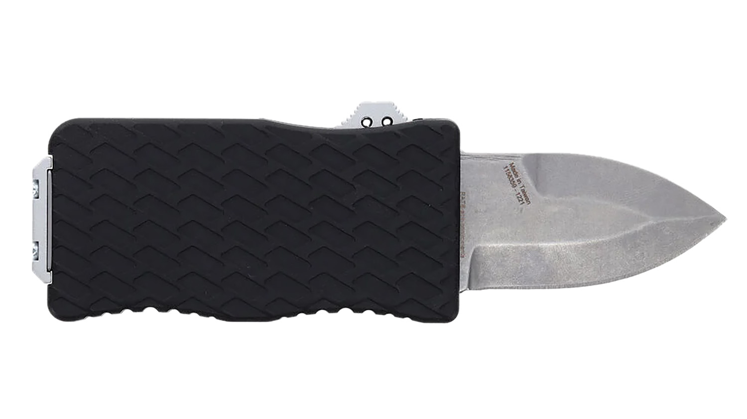 Compact folding knife with textured black handle.